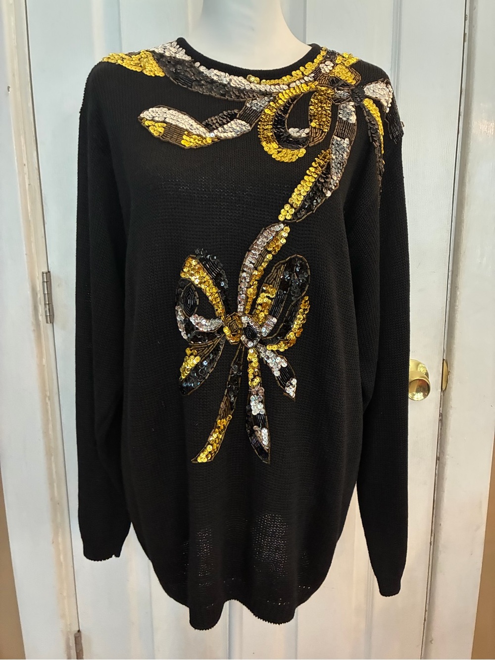 Vtg Crystal Kobe Black Sequin Bow Sweater 80s 90s Knit Ramie Cotton Large 40